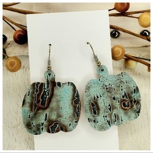 Adorable Handmade Burnt Mint Marble Print Leather Pumpkin Dangle Earrings